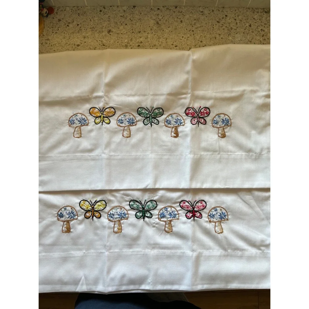 Vintage Hand Embroidered Pillowcase Pair Mushroom Butterfly Cottagecore White